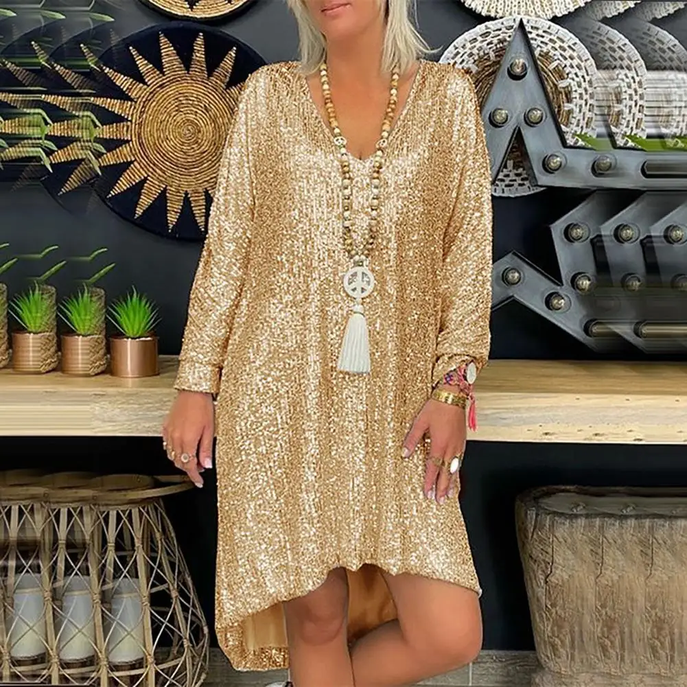 Shiny Sequins Oversized Beach Dress Long Sleeve High-low Hem Sequins Simple Casual Elegant Holiday Dress Party Lady Midi Dress