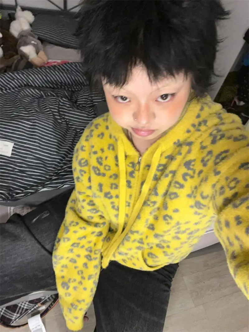 

Yellow Leopard Hooded Sweater Jacket Y2k Knitted Cardigan Tops Pull Femme 2025 Vintage Sueters De Mujer Abi