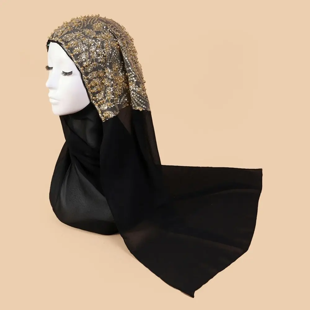 Luxury Beaded Lace Instant Hijab Rhinestone Collar Soft Chiffon Sequin Hijab Islamic Scarf For Women