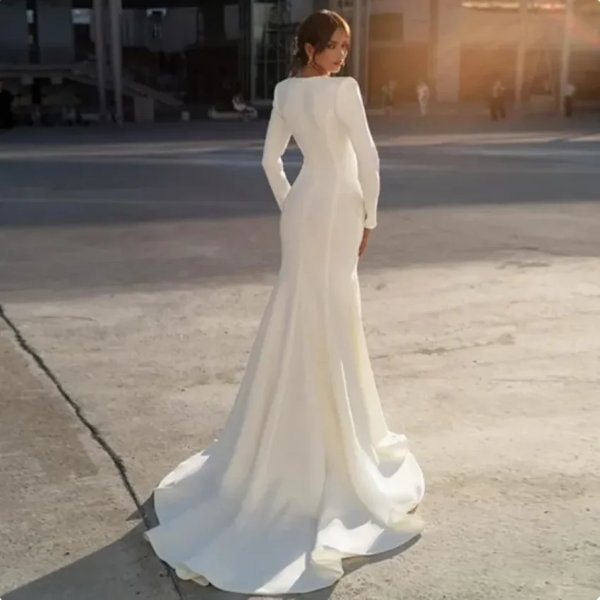 Othray Long Sleeves Satin Bridal Gown Sweep Train Beach Robe De Mariee Elegant Beaded V Neck White Mermaid Wedding Dresses