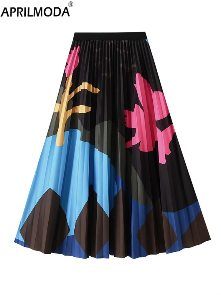 

Высокоэластичная плиссированная длинная женская юбка миди с цветочным принтом, модные элегантные большие качели для офиса, подиумные юбки трапециевидной формы с драпировкой до икры