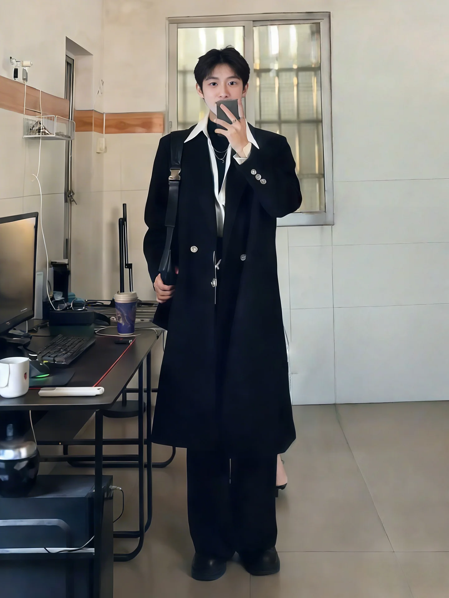 

Korean Sle Cleanfit Bla oulder Pad Woolen Coat Men's Autumn Winter Cotton Sandwich Thiened Slimming Mid-Length Windbr...