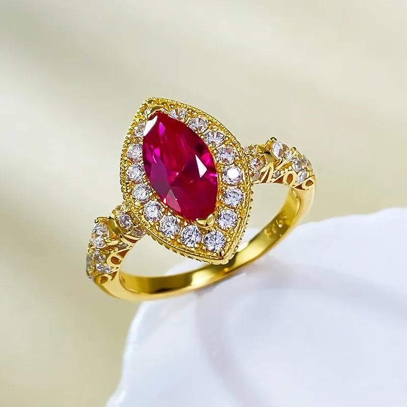 

Новое серебро S925, позолоченное вино, сердце, красный конский глаз, 5*10 мм, ретро-кольцо с голубем, кроваво-красным корундом, ювелирные изделия