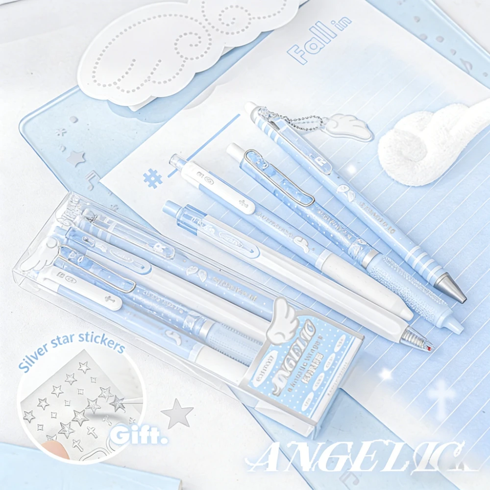 4Pcs/Set Pearl Angel Gel Pens Cute Exam Pens with Wing Design 0.5mm Black Ink Writing Pen Back to School Stationery Supplies