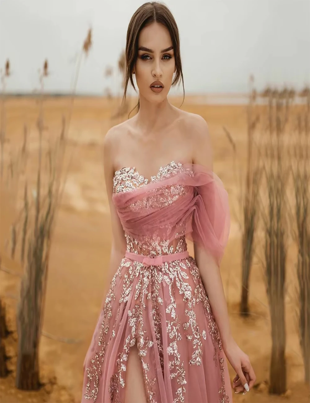 

Sexy Tulle Prom Dress Sweetheart Off the Shoulder Pink A-Line Appliques Evening Gowns High Slit Party Dresses Customized