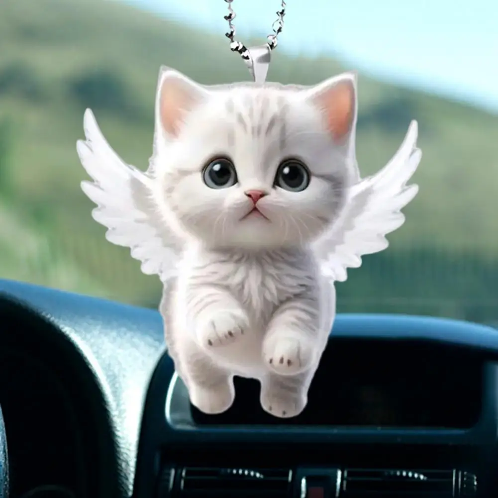 Angel Cat Car Pendant Rearview Mirror Ornament Car Decoration Cute White Kitten Pendant With Lanyard Interior Accessories