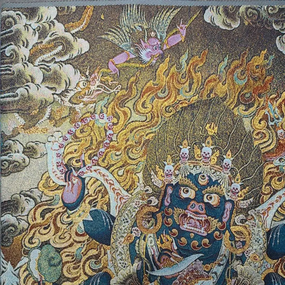 

35"Thangka Embroidery Tibetan Buddhism silk Embroidery brocade Nepal Six-armed Mahakala Buddha Thangka Worship Hall Town house