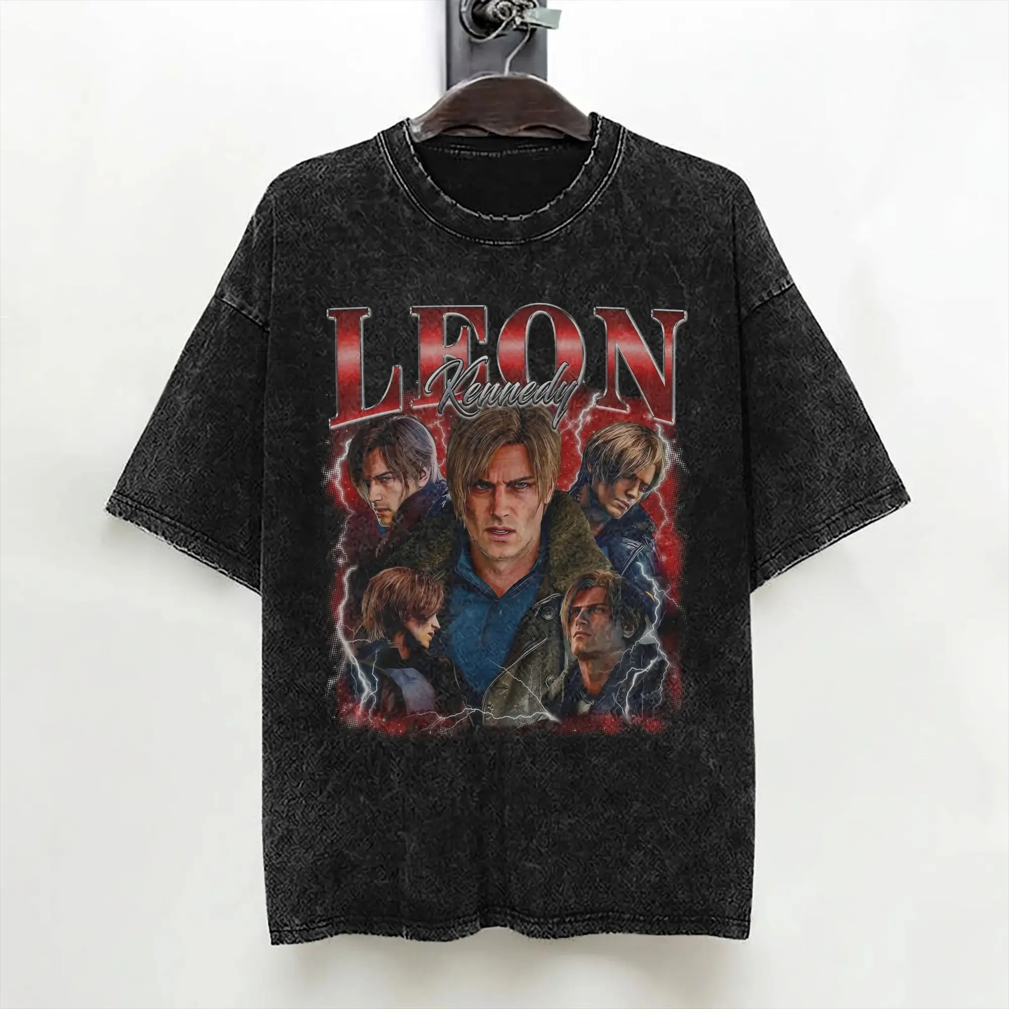 Leon S. Kennedy Washed T Shirt Streetwear Vintage T-Shirt Tee Shirt Men Women Short Sleeve Oversize Printed