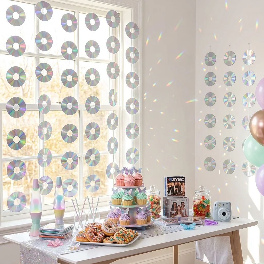 Disco Party Decorations Holographic CD Record Hanging Garland Backdrop description 6