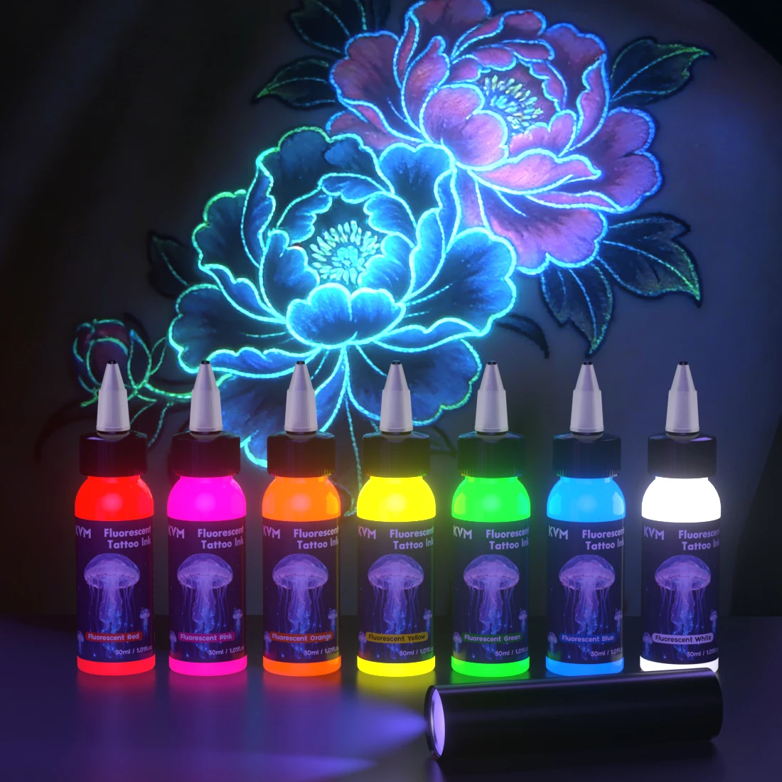 7 Colors KVM Fluorescent Tattoo Ink Set 30ml UV Blacklight Glow Tattoo Pigment With USB Rechargeable UV Flashlight For Body Art