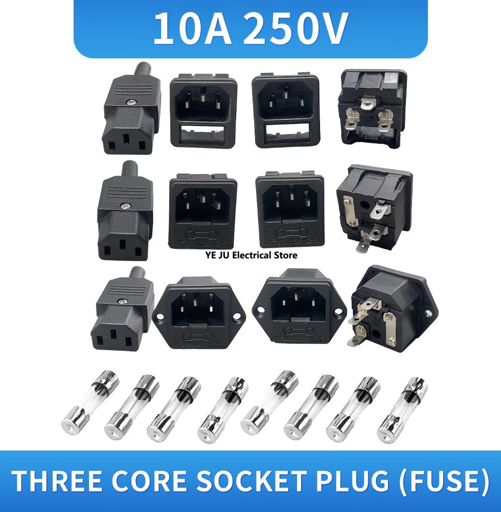 IEC320 C14 AC Socket AC Power Switch 3Pin Female With Fuse 250V 10A Male Inlet Plug Connector Computer Mount Outlet Black White