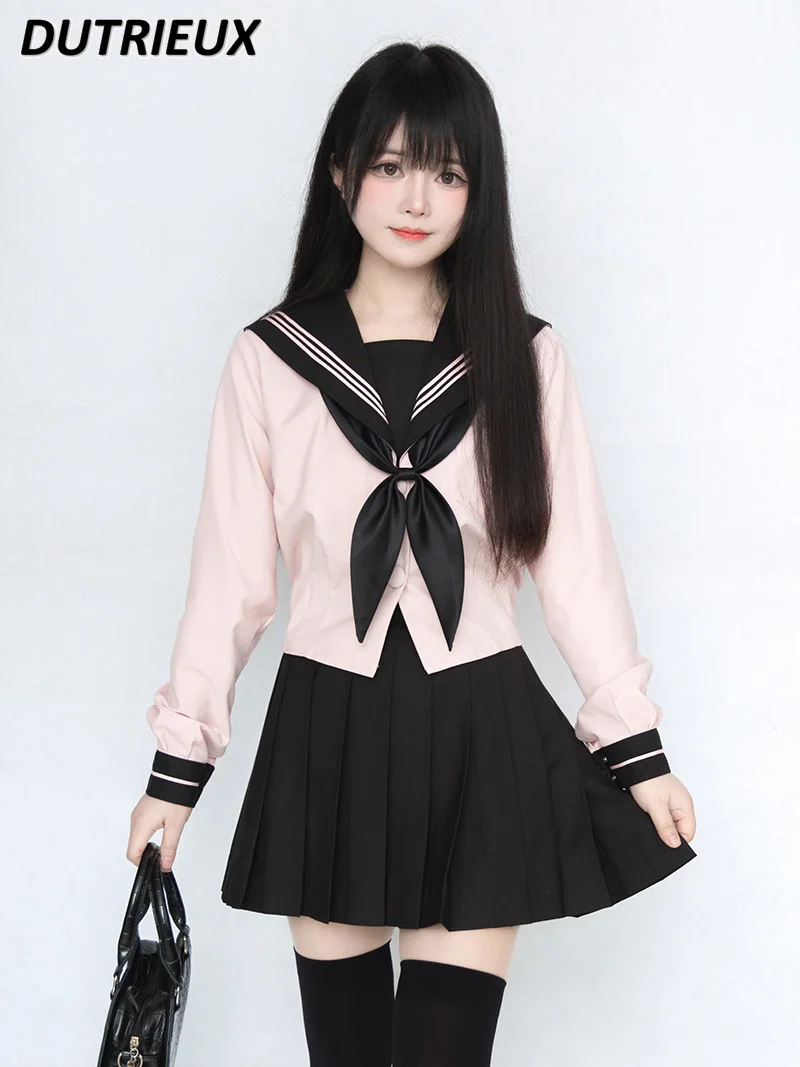 JK Sailor Suit Spring Long Sleeve Shirt and Short Skirt Waist-Tight Black Pink Suits Preppy Style Hot Girl Sweetheart Outfits