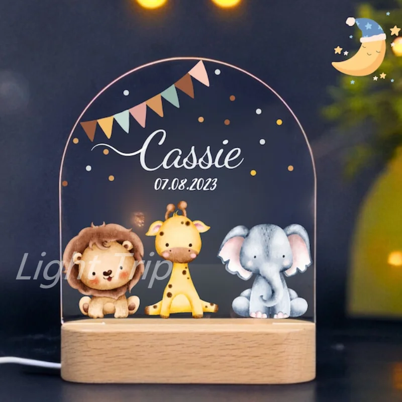 Personalized Safari Babies Night Lamp Custom Baby Birth Animal Lamp with Warm/RGB Lighting for Kids Bedroom Table Decor 20 Style