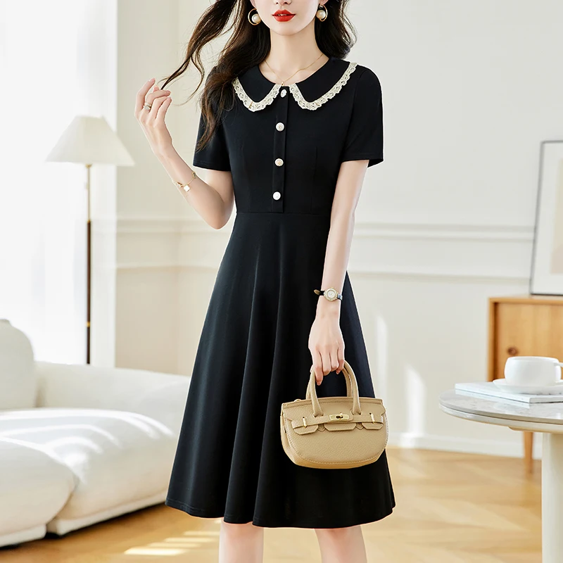 Knee-length Dresses For Women Summer Female Lacing Doll Collar Short Sleeve Large Size ​Elegant Slim Black A Line Slim Vestidos