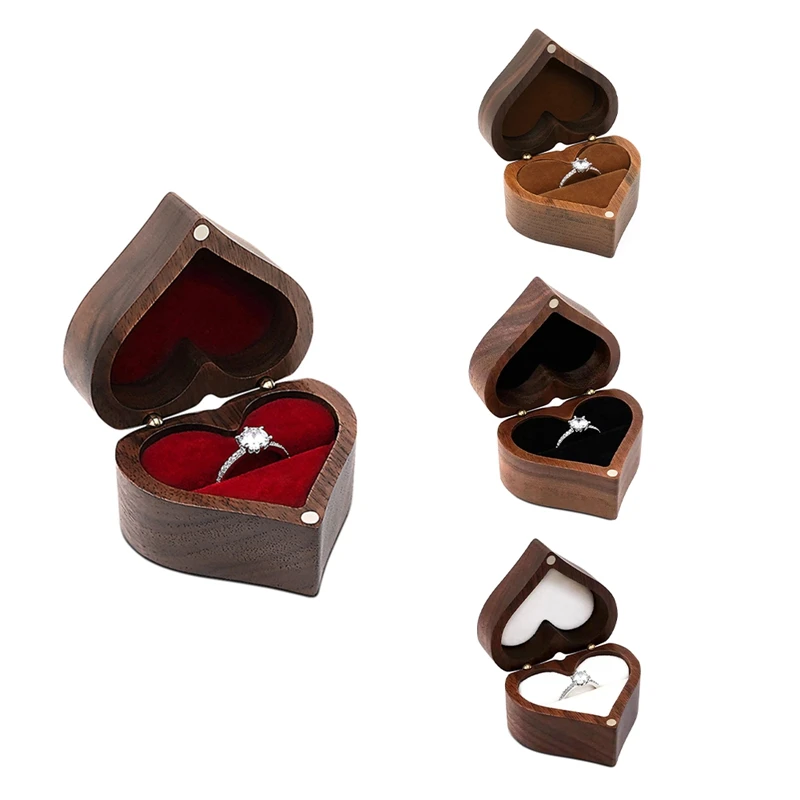 SEWS-Heart-Shaped Ring Box Wooden Ring Jewelry Box Romantic Wedding Ring Holder Engagement Ring Box Proposal Anniversary