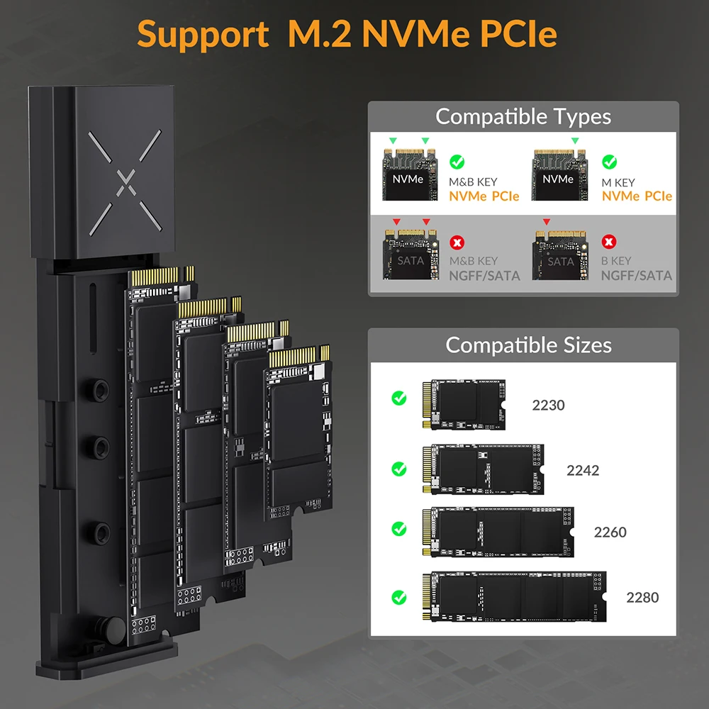 IDsonix 외장 하드 드라이브 케이스, 노트북용 지지대 M 키 M 및 B 키, M.2 NVMe SSD 인클로저, USB 3.2 A to C타입, 10Gbps NVMe PCIE