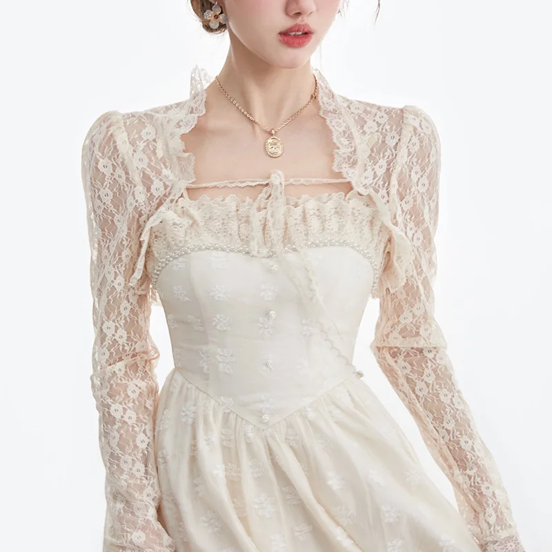 

Sun Protection Lace Open Cardigan Women's Thin Summer Shawl with Strap Dress Outer Covering Fairy Tale Style Small Cannon Sho...