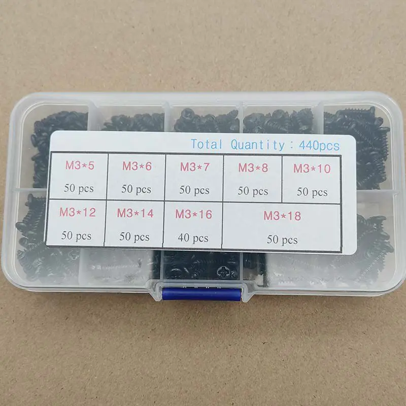 440pcs M3 Carbon Steel Black PA Cross Recessed Pan Head Self-Tapping Screws Assortment Kit with Tweezers