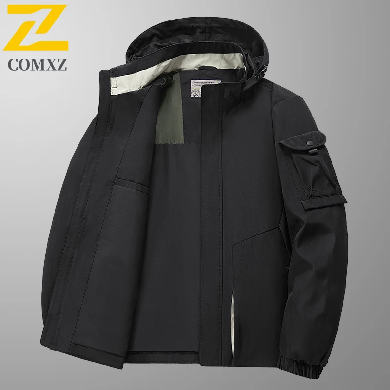 COMXZ Premium Mens Jacket Outdoor Mountaineering Windproof Coat Loose Hooded Camping Wind Resistant Spring Autumn Windbreaker