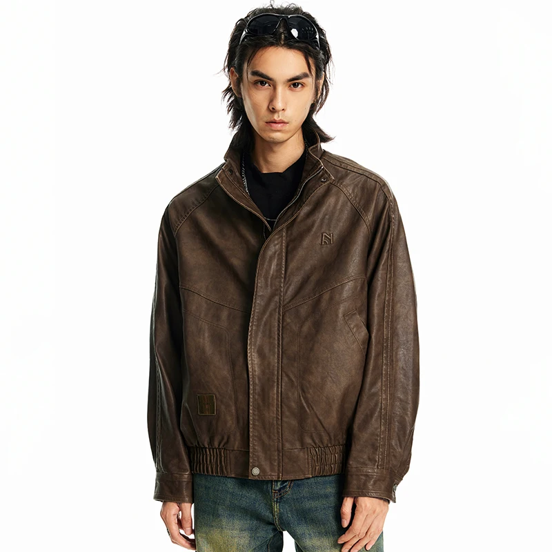 

Men's Biker Sle Stand Collar PU Leather Jaet Fall Season High Sensation Pilot Vintage Leather Coat Long Sve Casual Fas...