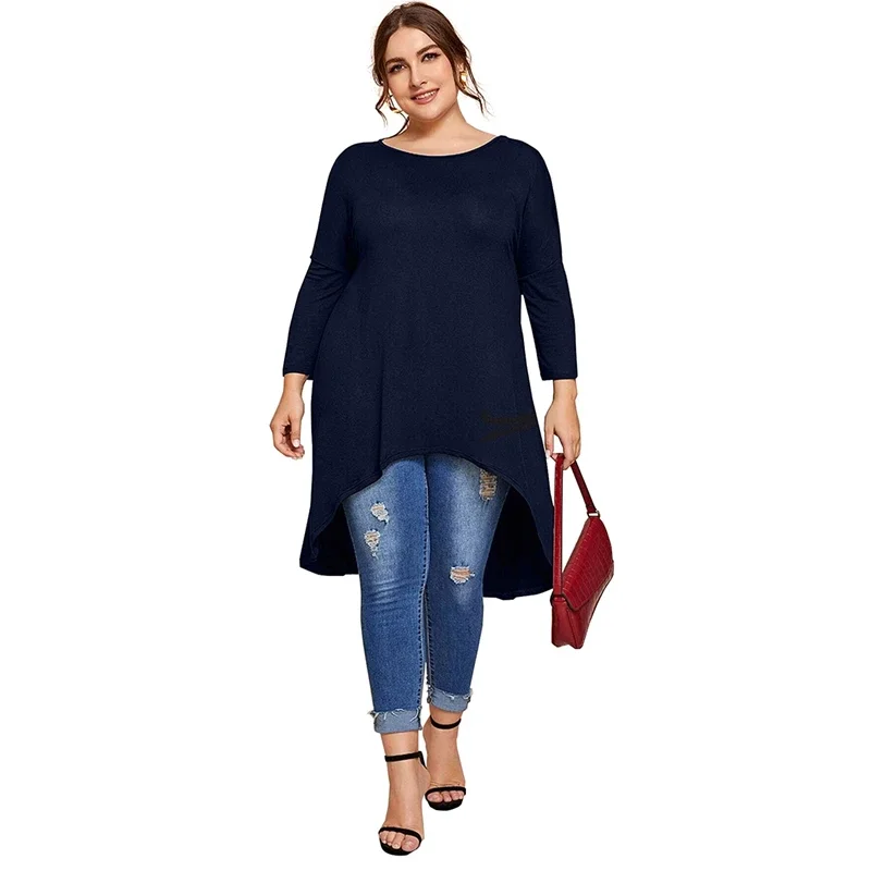 Plus Size Long Sleeve Elegant Tunics Women Long Hi Low Fit Flare Spring Autumn Swing Blouse And Tops Large Size Clothing 6XL 7XL