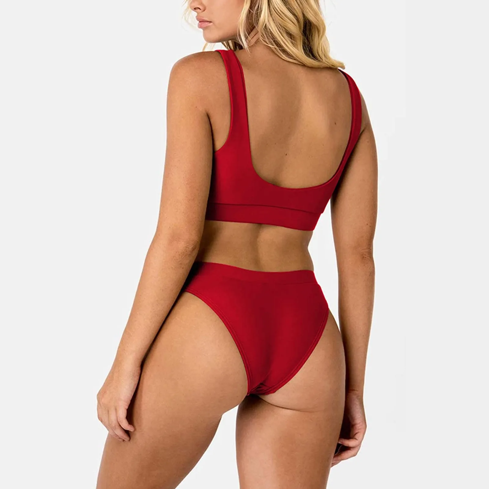 Conjunto de Bikini de realce para mujer, ropa de playa de Color sólido, tankini acolchado sin mangas y traje de baño corto de cintura alta, traje de