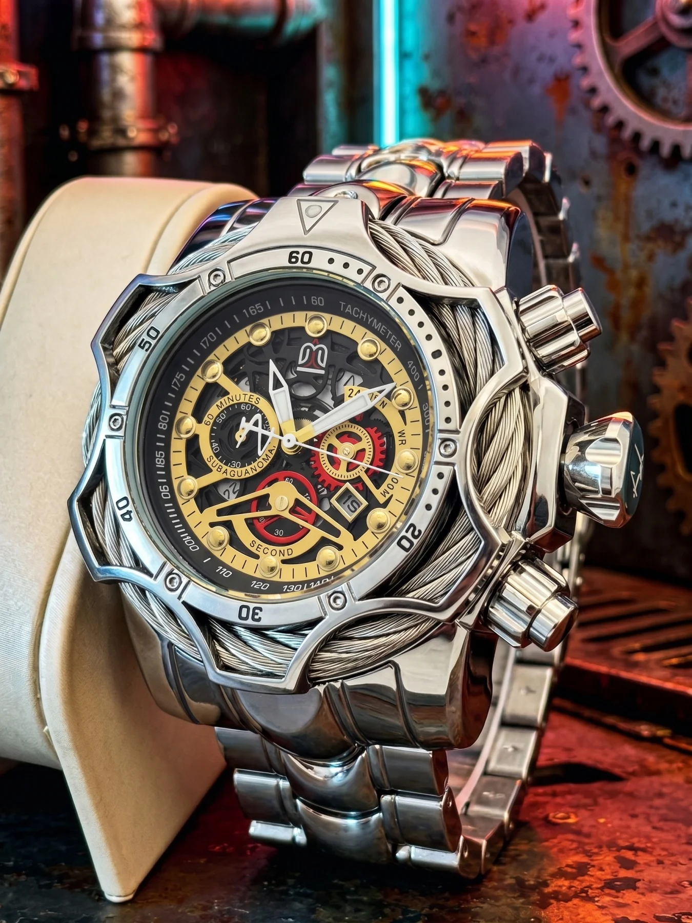 European and American Style Large Dial Men's Quartz Watch, Punk Steel Wire Ring Wristwatch, Calendar Waterproof Luminous Men's Watch, Tough Guy Racing Sports Steel Band Wristwatch, Trendy Business Casual Versatile Men's Wristwatch, Gift for Men view 6