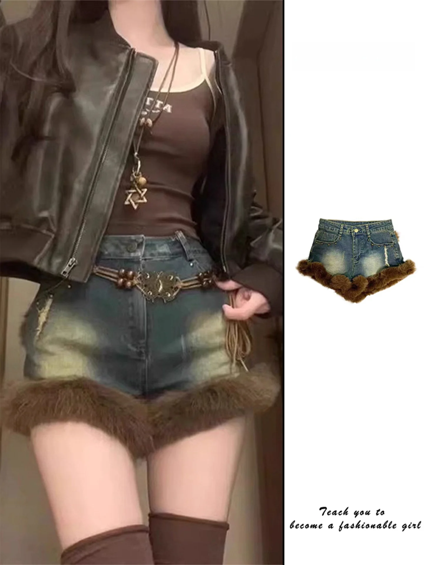 

Ретро Американская горячая девушка Потертые джинсовые orts Женские осенне-зимние клетчатые брюки из искусственного меха Горячие брюки Повседневные широкие брюки l Талия