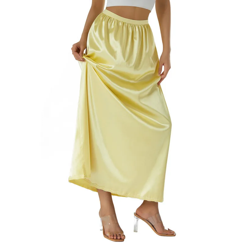 Women Half Slip Underskirt Summer Fall y2k Clothes Solid Color Elastic Waist Inner Lining Midi Skirt Long Underskirt for Ladies