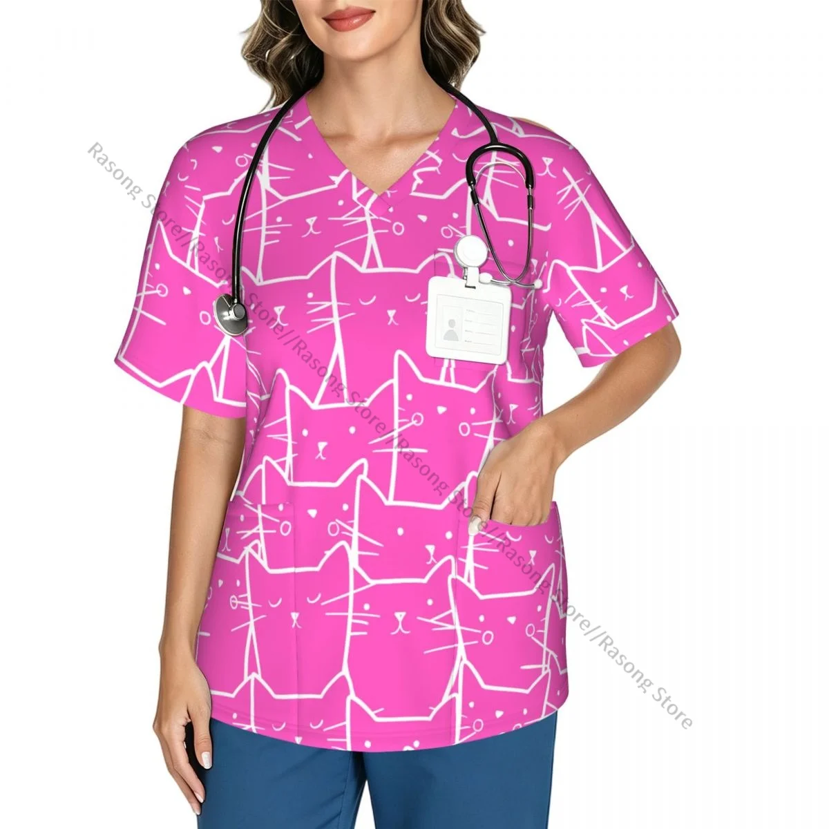Women's Scrub Tops Short Sleeve Workwear Shirts V Neck Fitness Nursing Uniform Pink Cats Print Pullover Spa Doctor Nursing Shirt