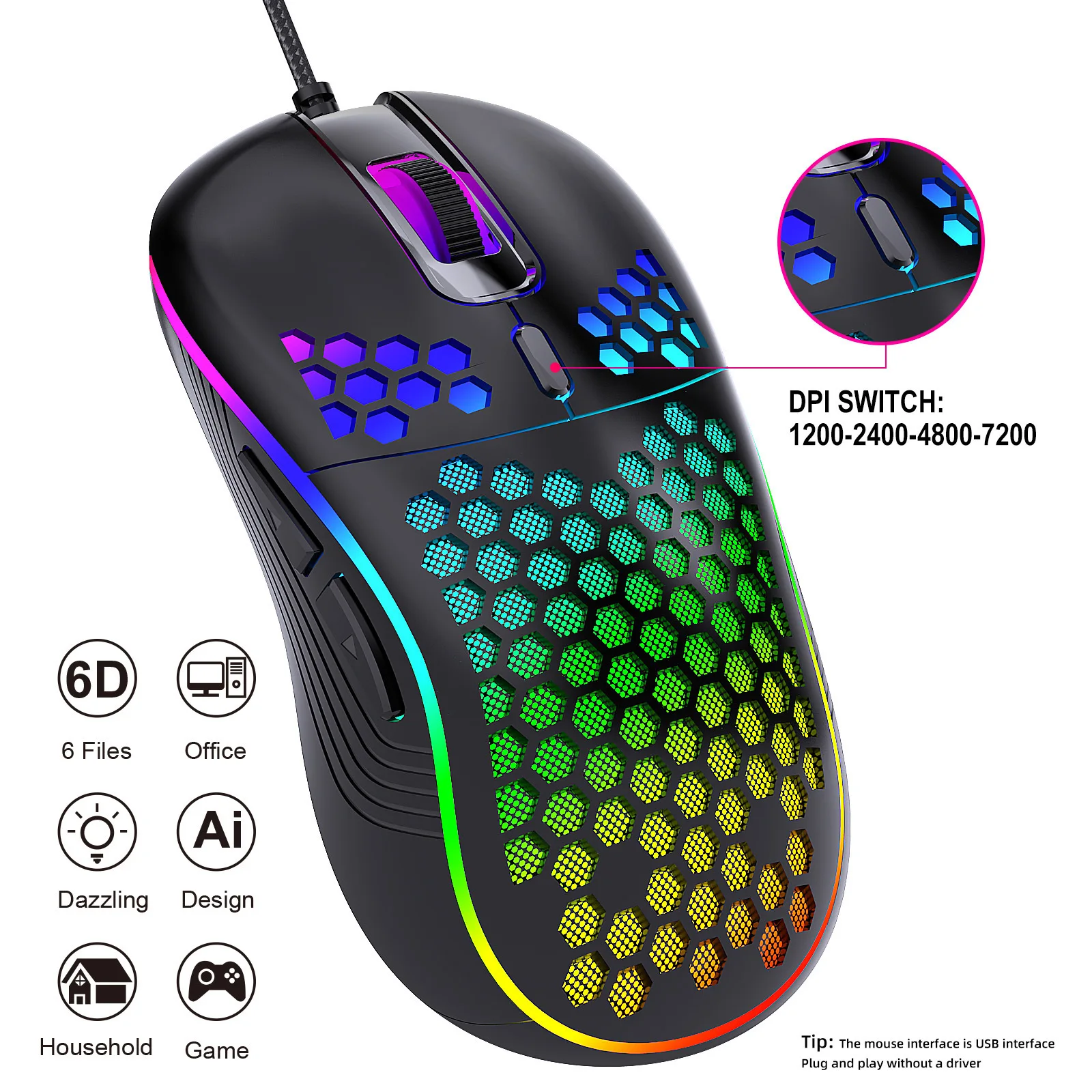 Leichte RGB verdrahtete Gaming-Maus Waben skelett Glow Mouse 6 Tasten Maus