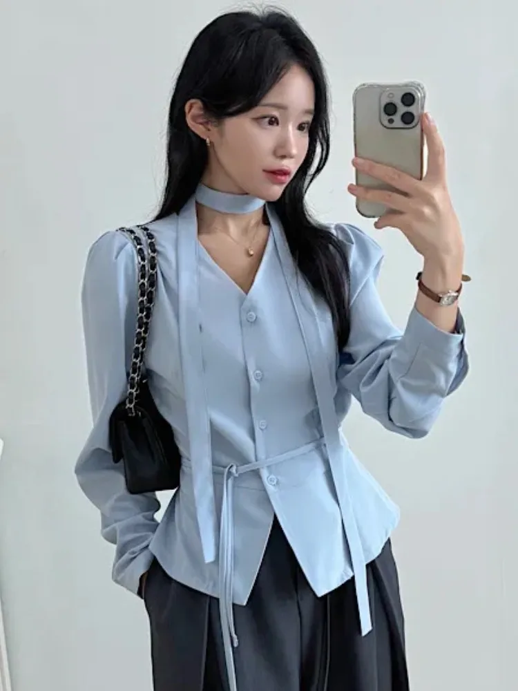 

Korean Sle Chic Vintage V-Ne Faionable Nelace Design Versatile irt High Waist Slimming Top Small irt