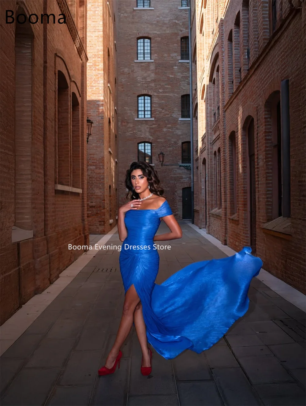 Booma Eenvoudige Zeemeermin Side Split Uit De Schouder Jurken Formele Partij Jassen voor Vrouwen Bule Elegante Prom Gown Aanpassen