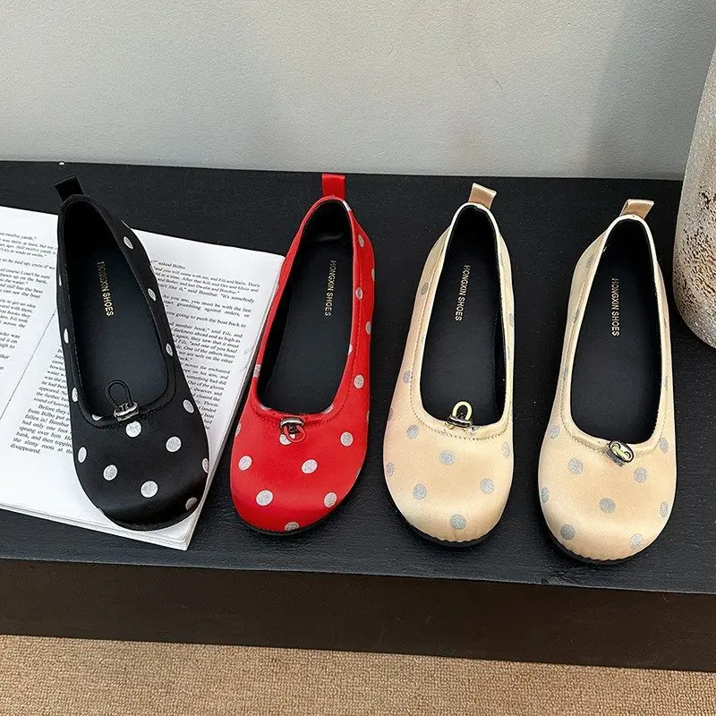 

Women's Shoes French Style Silks Satins Shallow Mouth Single Shoes Fashion Polka Dot Round Head 4cm Inner Height Increase Shoes
