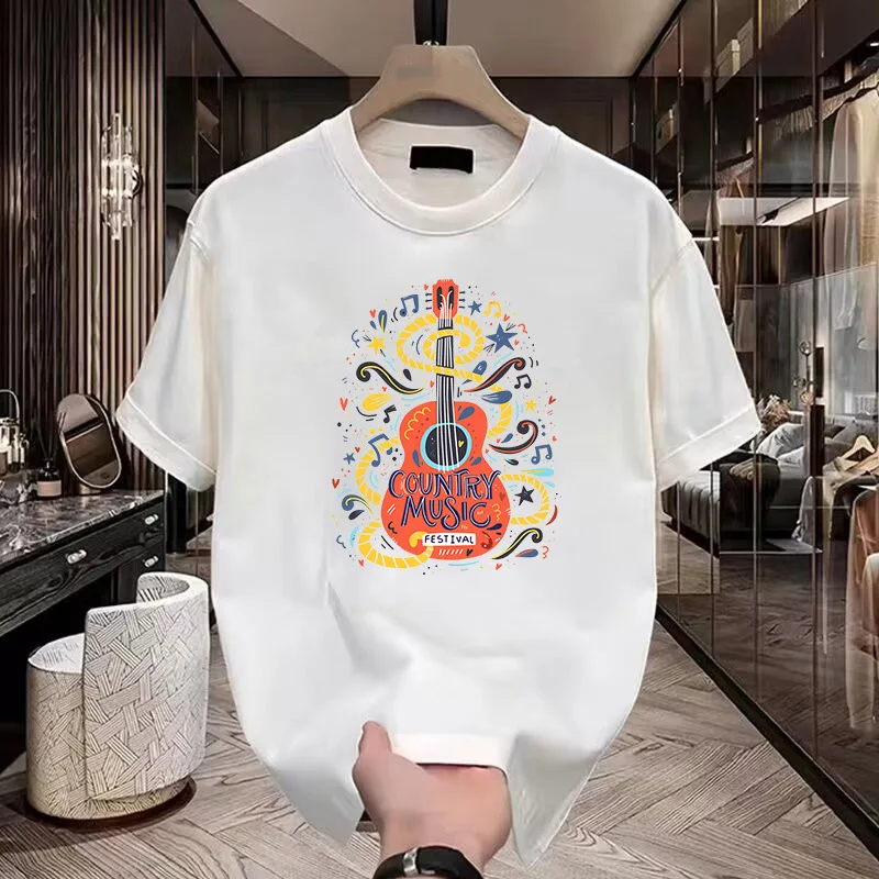 

2025 New summer men's 100% pure cotton guitar-printed short-sleeved T-shirt, a high-quality streetwear top