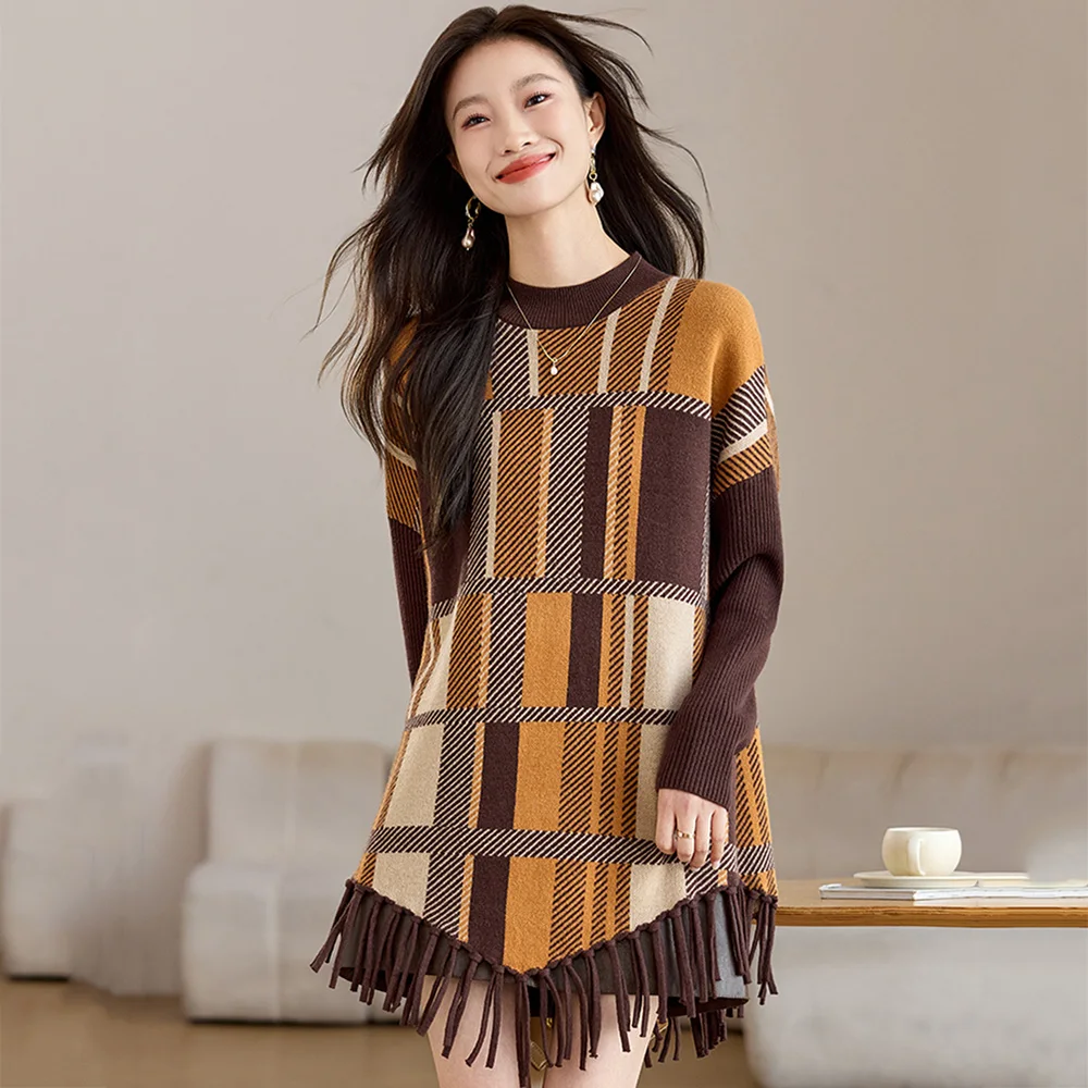 

New Women Autumn Winter Tassel Sweater Fashion O-Neck Long Sleeve Contrast Color Loose Sweater Casual Daily Knitted Pullovers