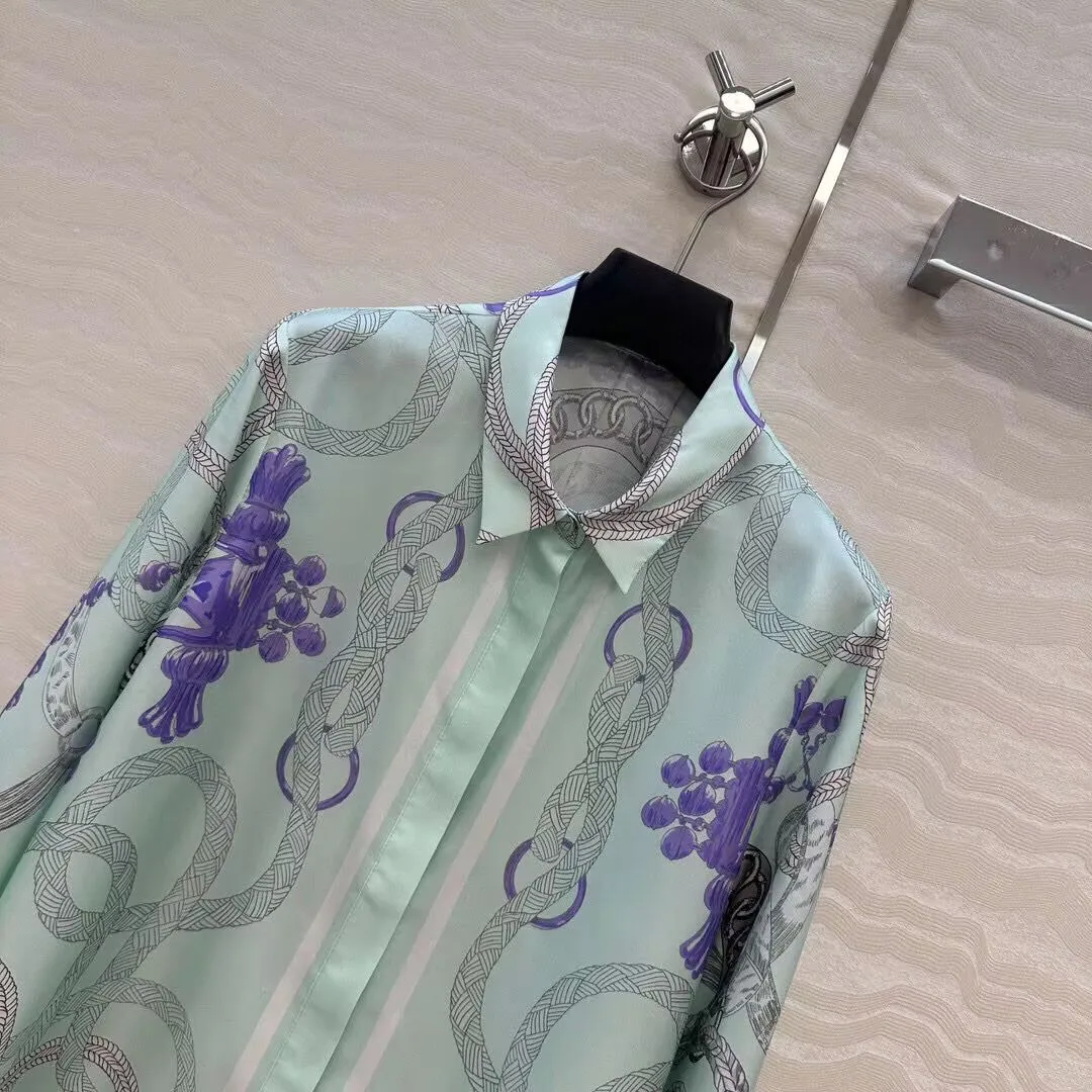 2025 ربيع جديد موضة 100% حك قميص حريري المرأة خمر حبل العرقية طباعة نمط التلبيب كم طويل بلوزات غير رسمية