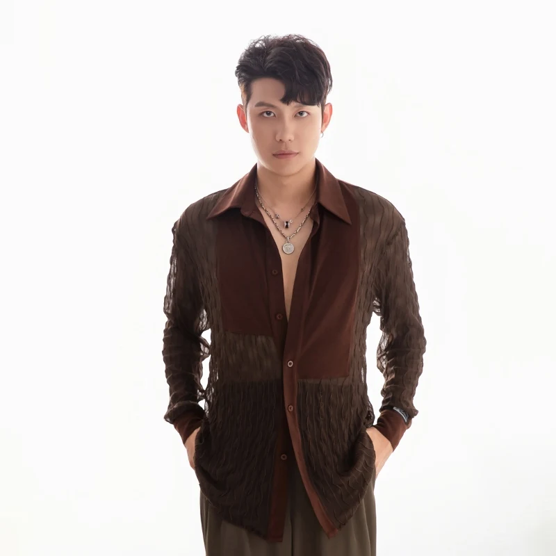 2024 قمصان شبكية جديدة بأكمام طويلة ملابس الرقص اللاتينية للرجال الكبار قاعة الرقص تشاتشا رومبا تانجو ملابس ممارسة الرقص اللاتينية DQS18094