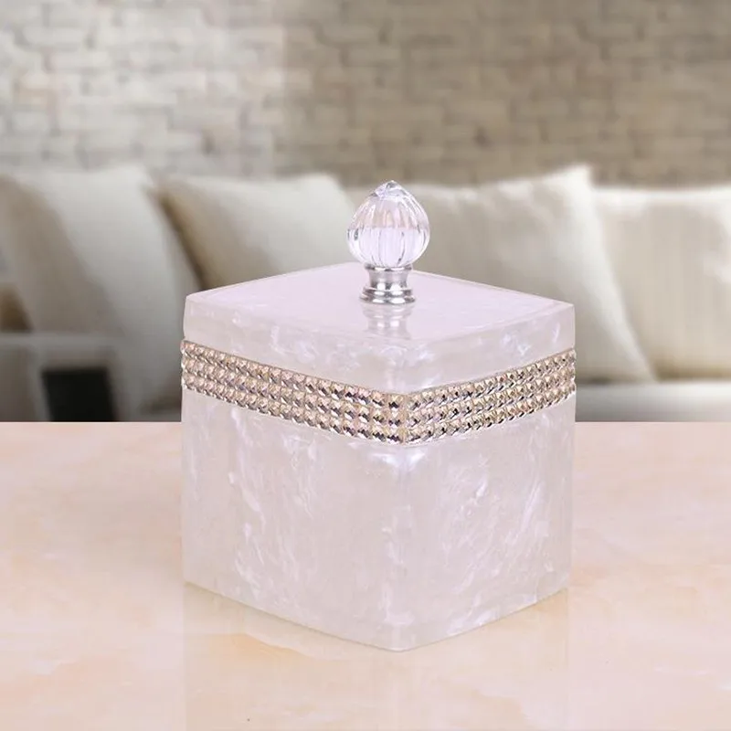 Luxurious Black Square Toothpick Storage Box with Crystal Rhinestone Round Cotton Tissue Box Cassette Cover Home Accessories