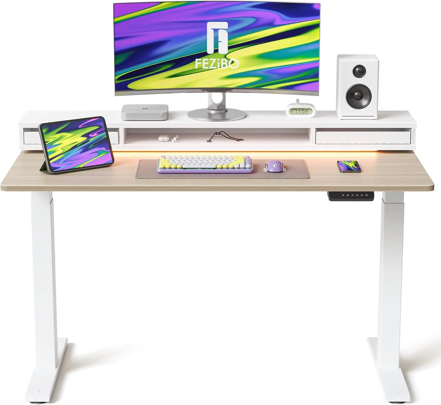 60 × 26 Inch Electric Standing Desk with Monitor Stand, Height Adjustable Table with LED Strips, Ergonomic Home Office Furniture