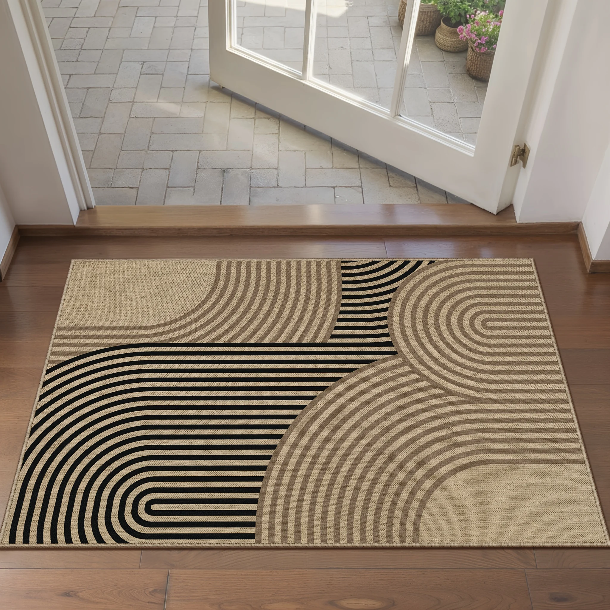 Tapete de Entrada Neutro Boho com Listras Curvas, Estampa Abstrata Geométrica de Arco, Tapete Decorativo Minimalista para Interior