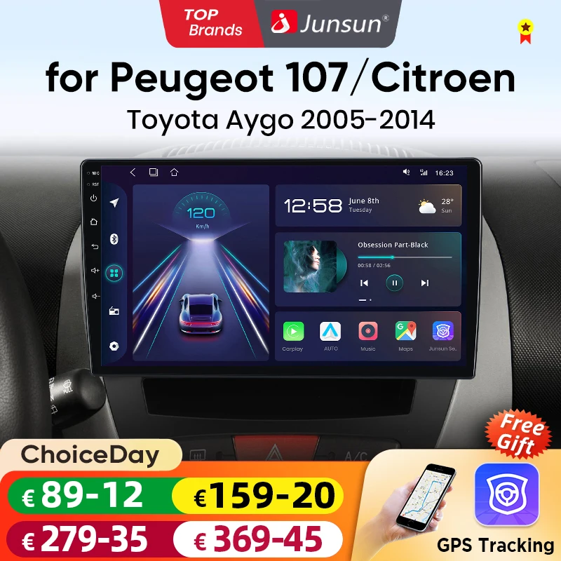 Junsun Android14 Wireless CarPlay for Apple Auto Car Radio Stereo for Peugeot 107 Toyota Aygo Citroen GPS TouchScreen Multimedia