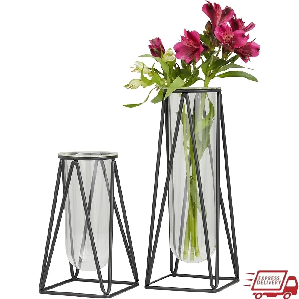 

Modern Glass Decorative Vases Set of 2 with Metal Stand Centerpiece Home Decoration Elegant Minimalist Design