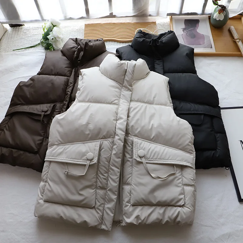 

Новый зимний однотонный женский хлопковый жилет в корейском стиле с воротником-стойкой без рукавов, утепленная верхняя одежда, шикарный универсальный теплый жилет