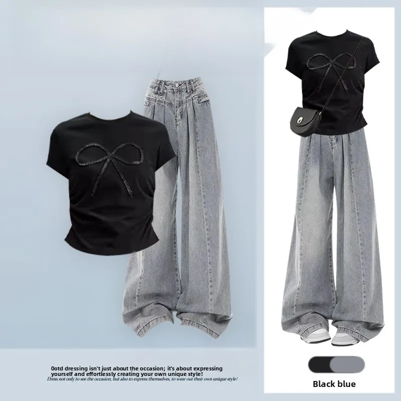 

Slim Fit ort Sve T-irt And High Waist Straight Leg Jeans Two Piece Set with Knot Design Faionable Women's ...