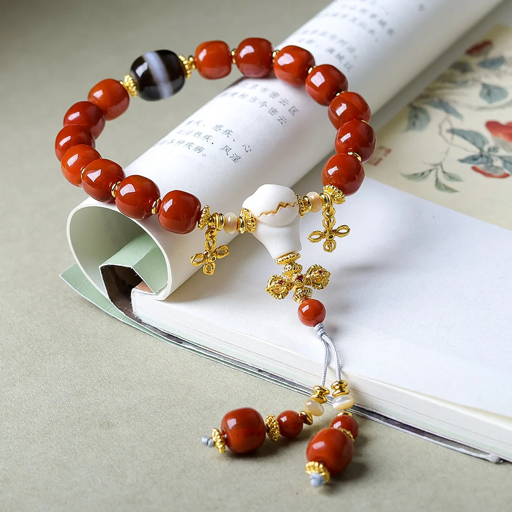 2026 on the new nanhong agate barrel beads bracelet original cultural toys antler tee Chinese string