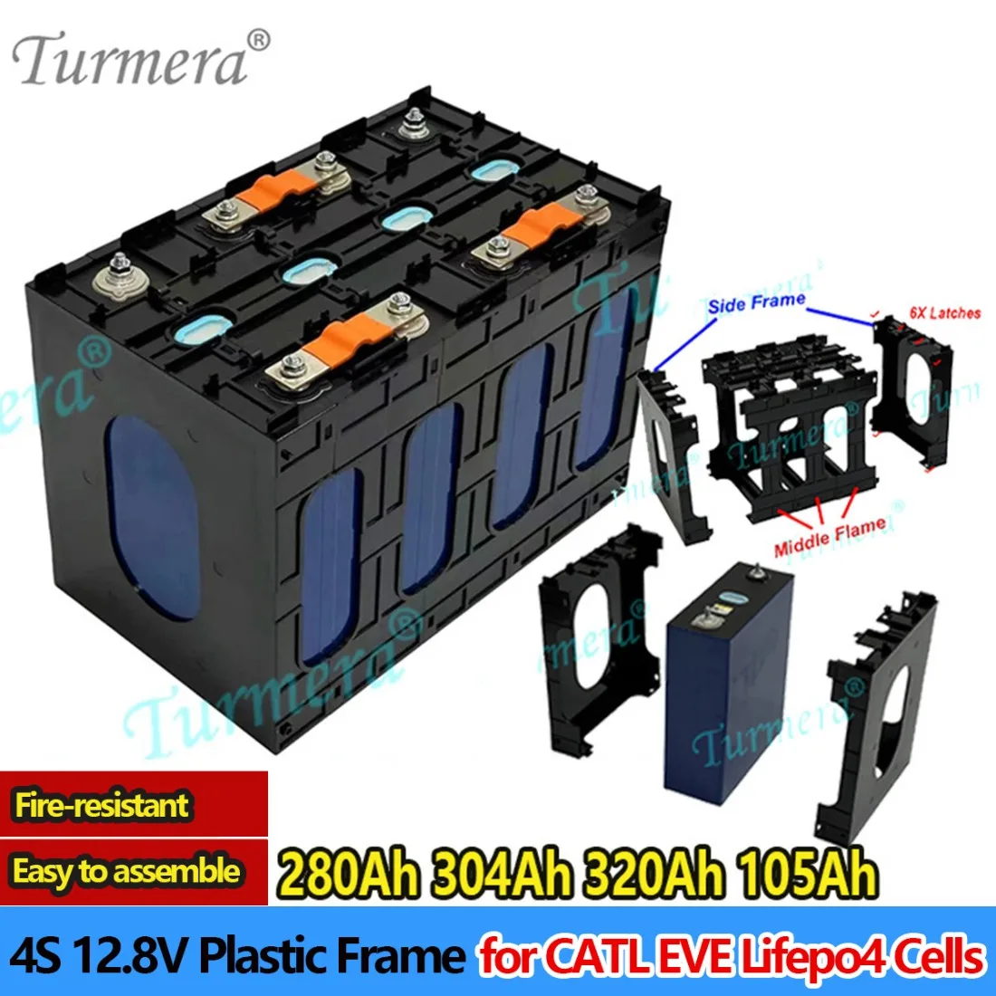 12/24V Battery Frame for CATL EVE 280Ah 304Ah 320Ah 105Ah 100Ah Lifepo4 Cells Flame-Retardant ABS PC Plastic Holder with Latches