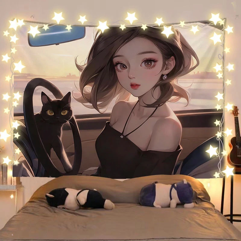 Sunset Anime Girl & Cat Tapestry Wall Hanging for Bedroom Living Room Dorm Aesthetic Room Decor