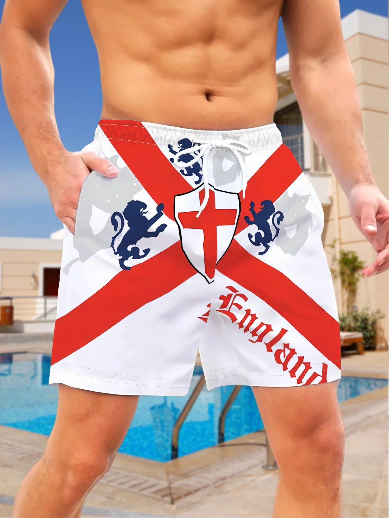 New Men'S Casual Shorts, St. George'S Base with Lion Pattern And English Lettering, Festive Party Commute All-Match, Fabric Mach