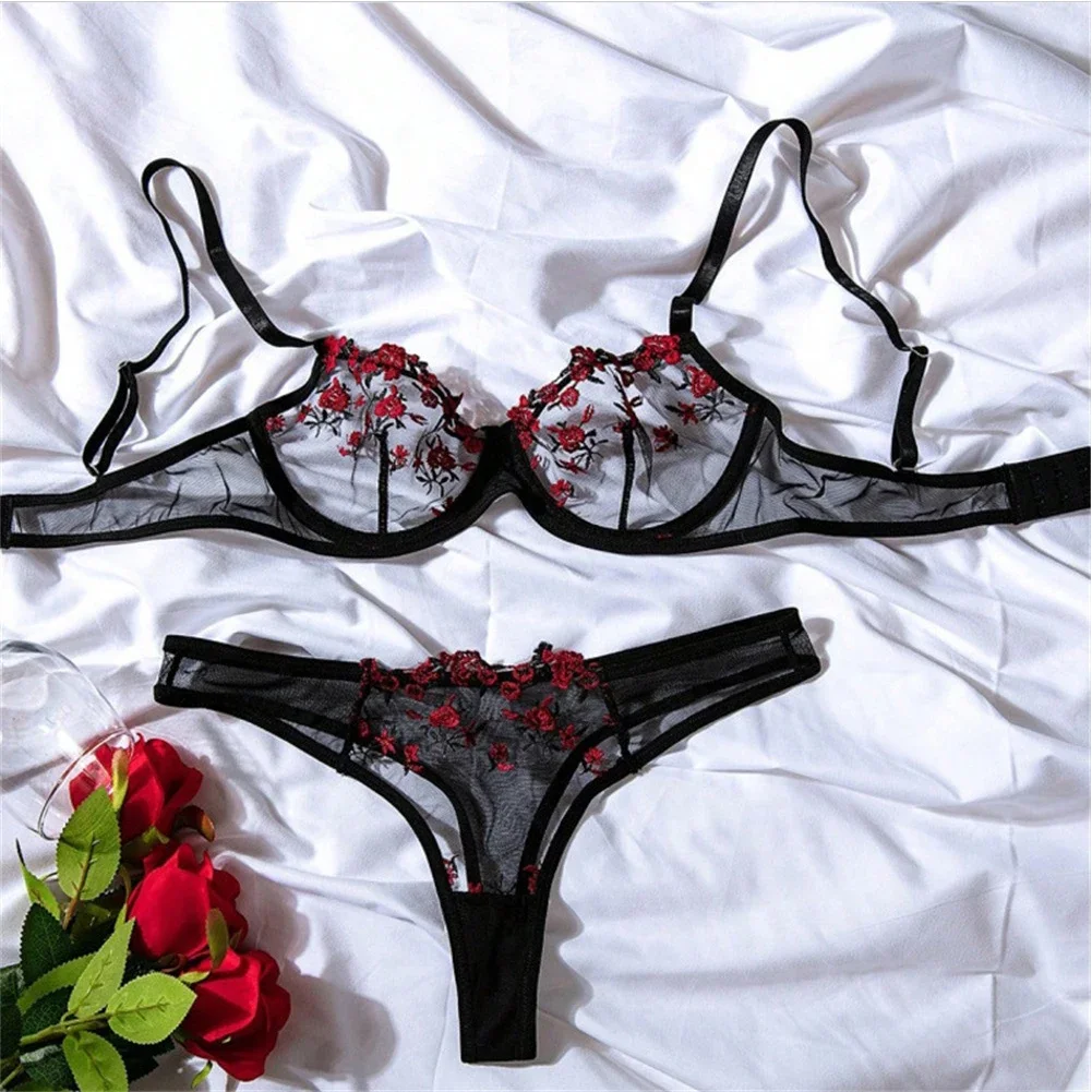 Women Sexy See Though Embroidery Lace Underpants Lingerie Bra Sets Transparent Low Waist Sweet Temptation Solid Womens Bra Sets
